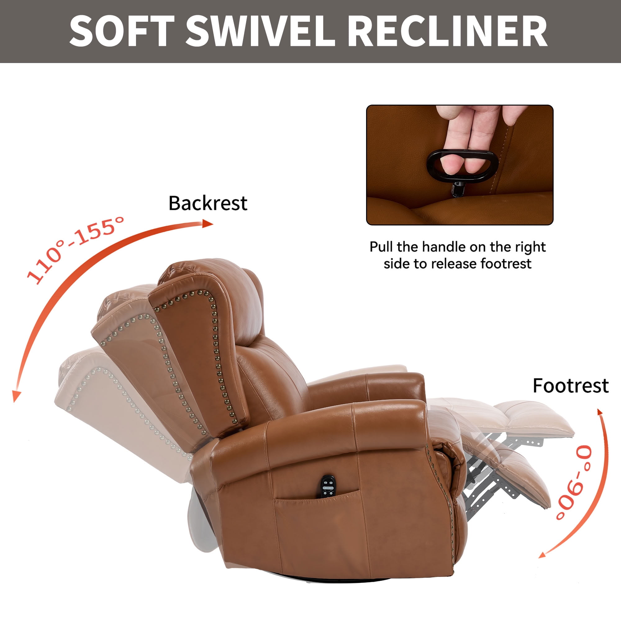MAYEERTY 360 Degree Swivel Rocker Recliner Chair, Genuine Leather Manual Recline Glider Armchair with 8-Point Vibration Massage & Lumbar Heat, for Living Room Home Theater