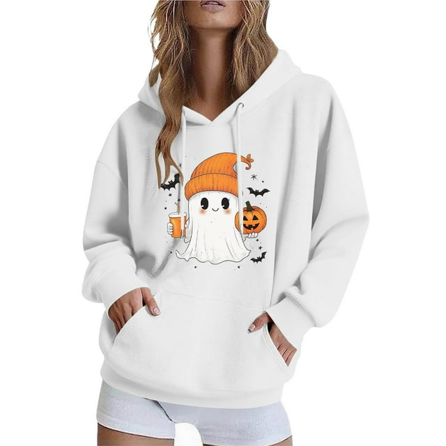 Women's Halloween Sweatshirt 2025 - Ghost Print | Oversized Crewneck Spooky Pullover
