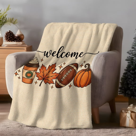 Throw Blanket Fleece Throw Blanket 40x50in, Fall Maple Leaf Thanksgiving Pumpkin Football Soft Lightweight Bed Blankets Welcome Quote Fuzzy Couch Blankets for All Season