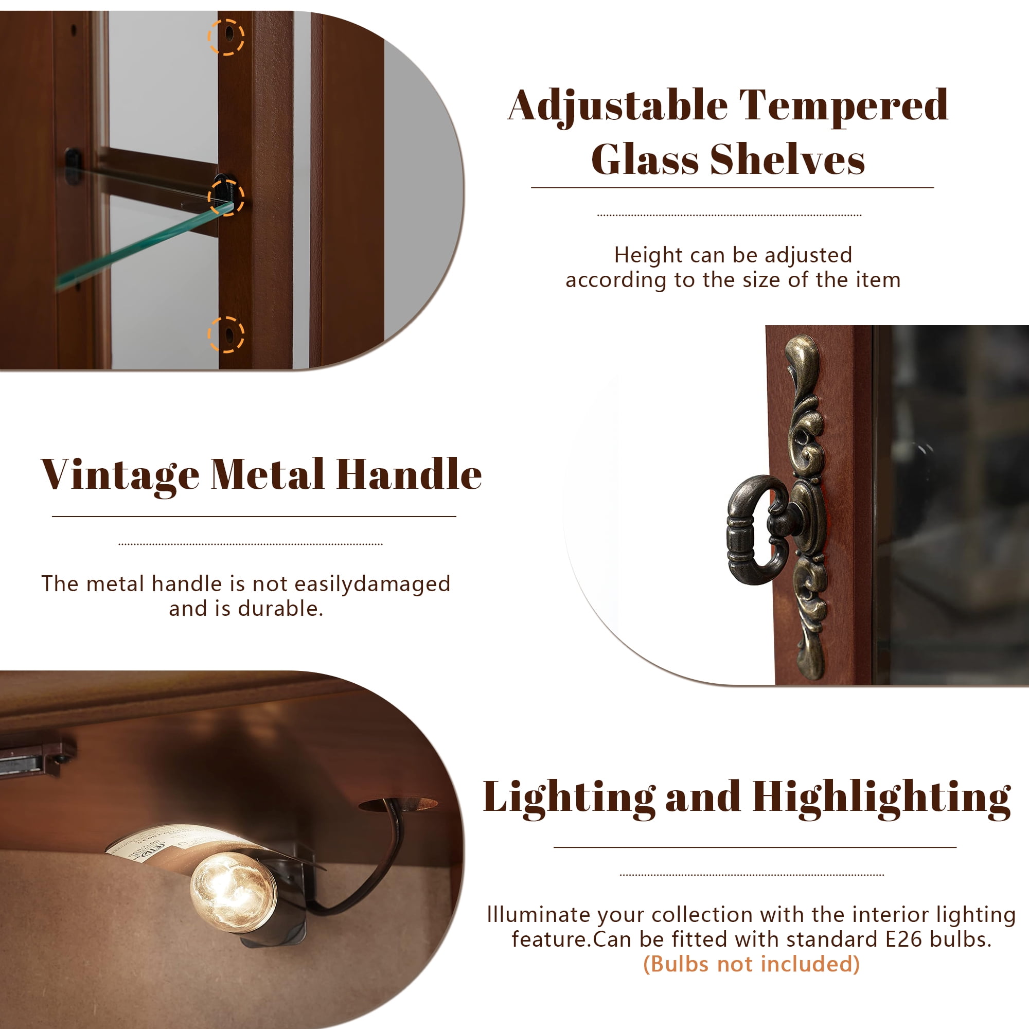 Miniyam 5 Shelf Corner Curio Display Cabinet with Lights,China Display Cabinet with Glass Doors,Lighted Display Cabinet,Walnut(E26 light bulb not included)