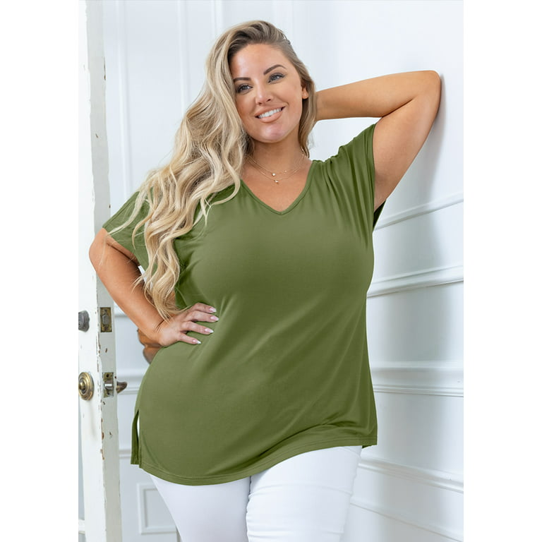 SHOWMALL Women Plus Size Tops Short Sleeve Tunic Side Slit Shirt Summer  V-Neck Blouse Army Green 3X Tops 
