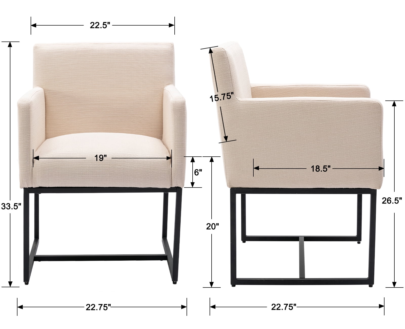 Guyou Modern Linen Upholstered Dining Chairs Set of 2, Kitchen Chairs with Arm and Black Finish Metal Frame, Accent Armchair with back for Living Room Dining Room Bedroom Reception Room, Cream