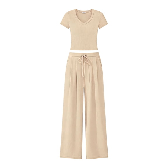 Travel Sets for Women 2 Piece V Neck Cropped Top and Dressy Wide Leg Pants Loungewear Casual Outfits
