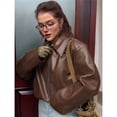 thumbnail image 4 of Women's Leather Jacket Long Sleeve Zipper Faux Oversized Coats Fall Fashion Outfits Winter Clothes Brown L, 4 of 10