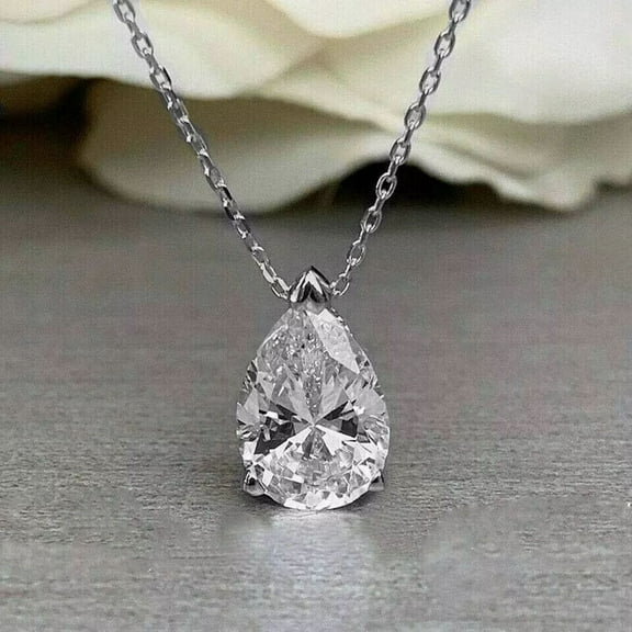 925 Sterling Silver 1Ct Pear Lab-Created Diamond Solitaire Pendant W/ 18" Necklace