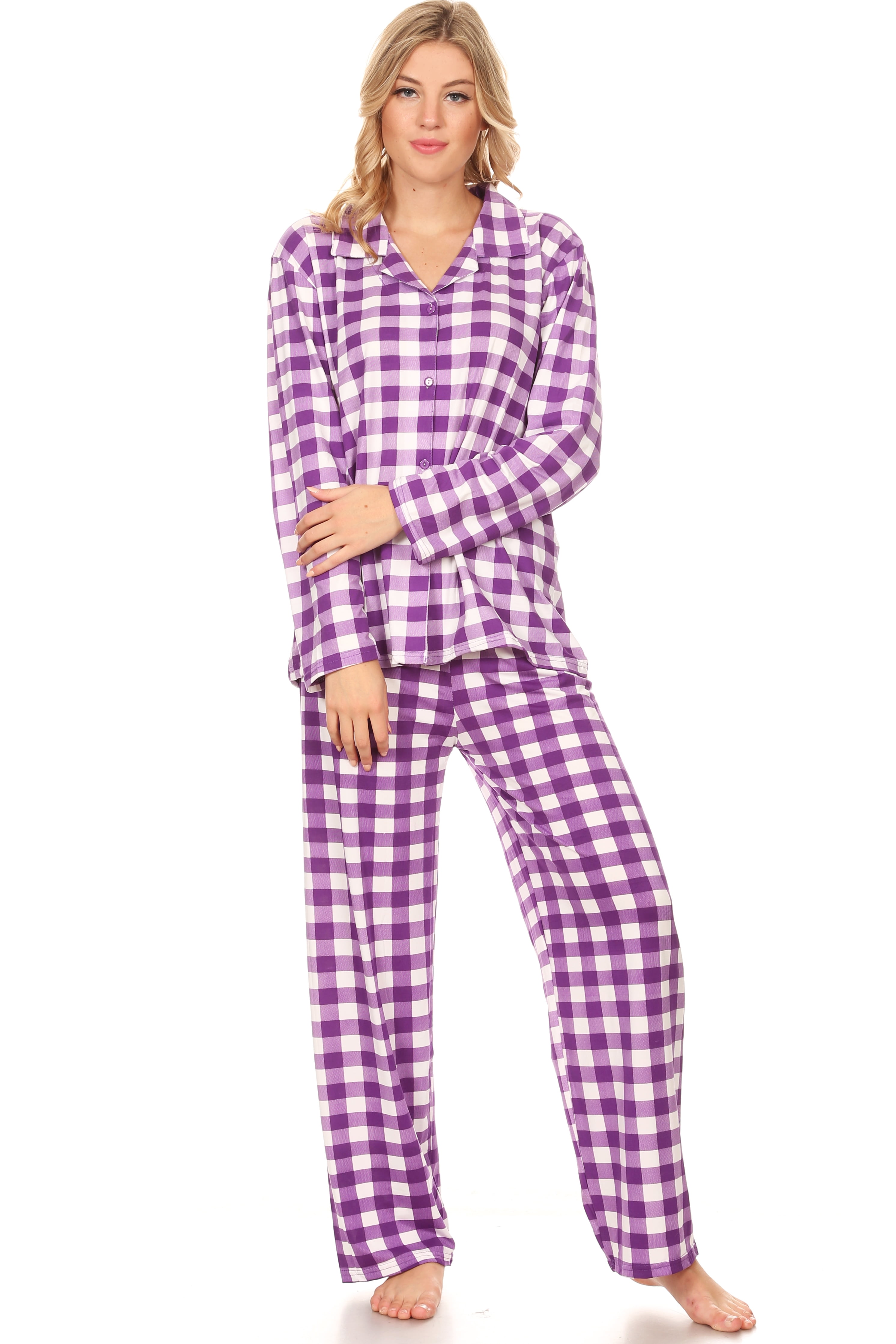 Z2150 Womens Sleepwear Pajamas Woman Long Sleeve Button Down set Purple
