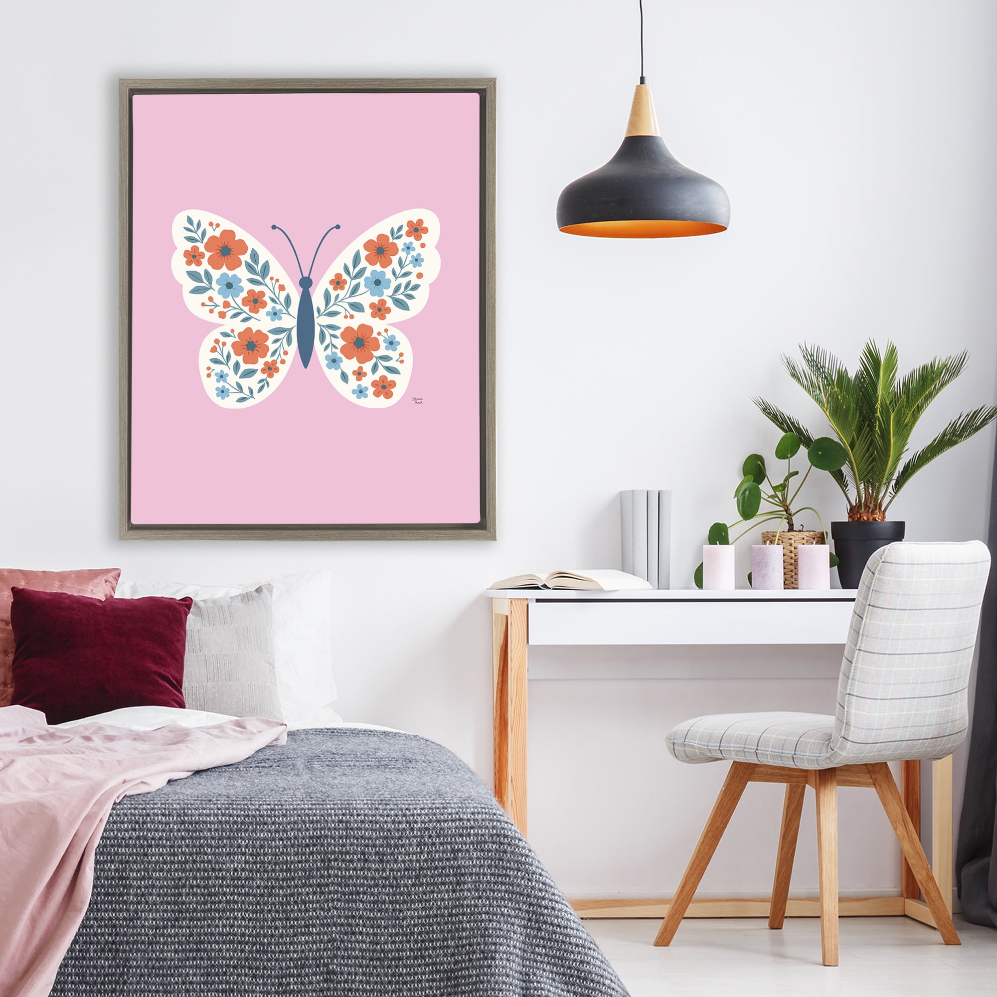Boho Pink Floral Butterfly Brown Framed Floater Canvas Wall Art, design by Jessica Beck
