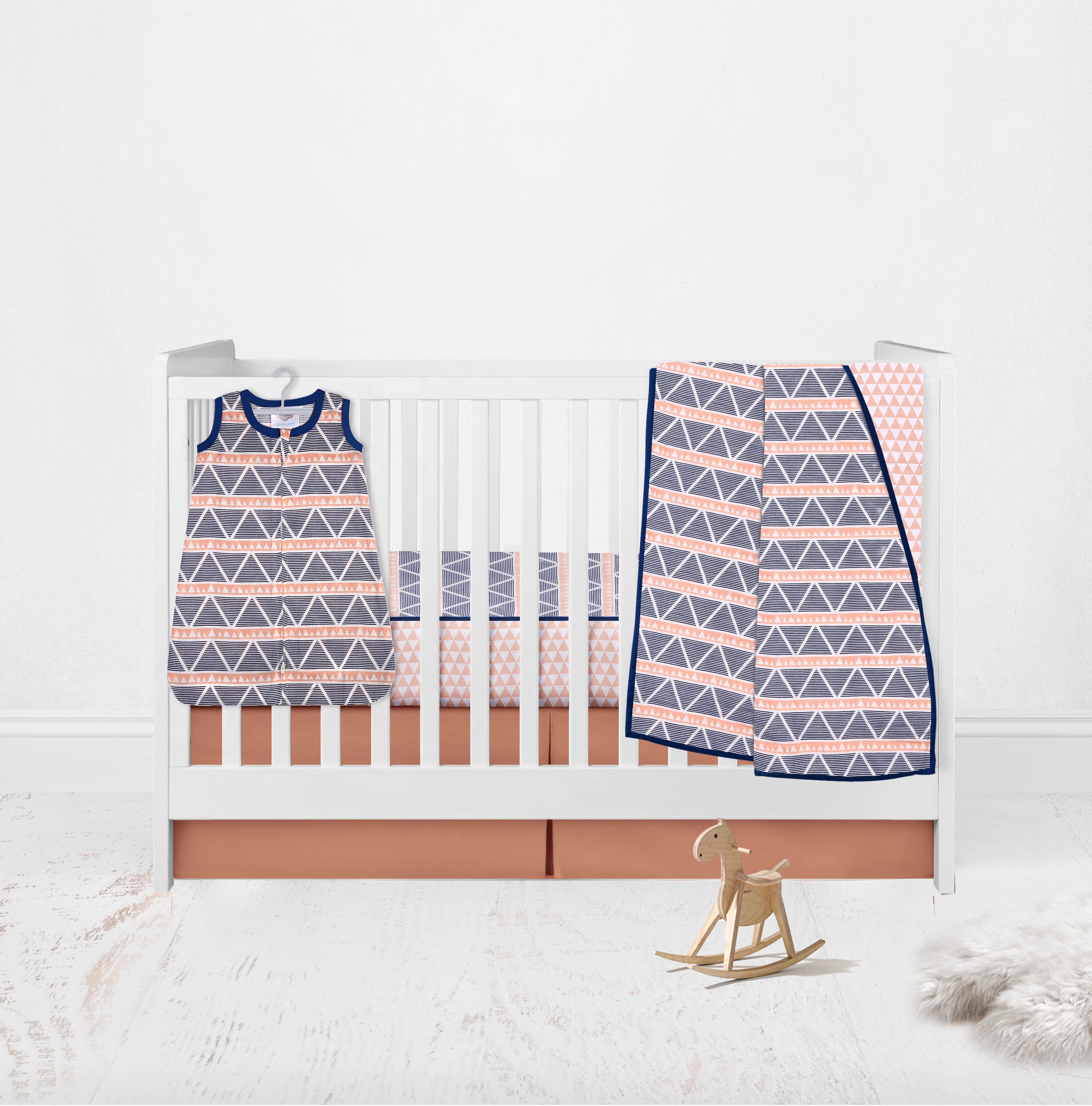 Bacati - Aztec Coral/Mint/Navy Triangles Muslin Girls Crib Bedding Set