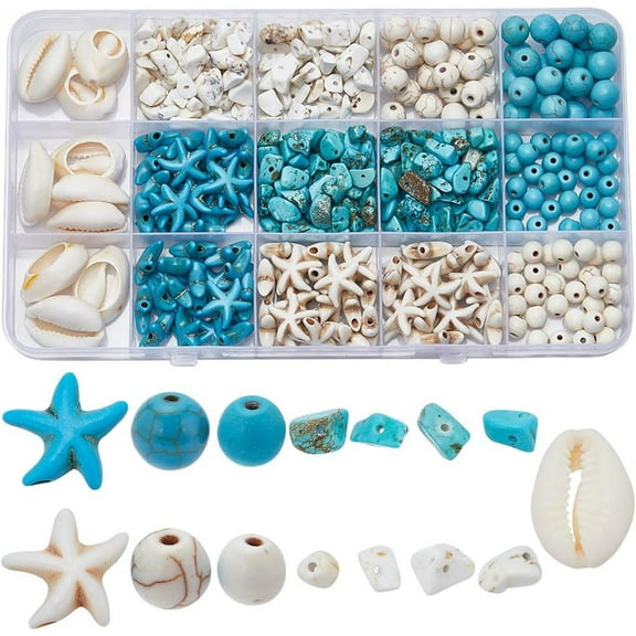 1 Box About 300Pcs Style Starfish Beads Blue White Beads Bulk Natural Shell Beads Summer Ocean Animal Starfish Bead Seashell Charms 6mm 8mm Beads Chip Beads for Jewelry Making Kits