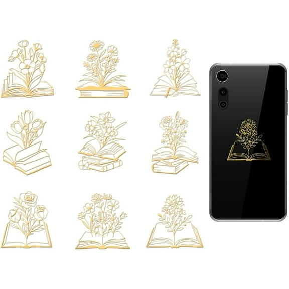 9Pcs 1.6x1.6 Inch Gold Metal Stickers Book Metal Sticker Self Adhesive Flower Book Stickers Books Theme Epoxy Sticker Pyramid Decals for DIY Scrapbooks Epoxy Resin Decoration Golden