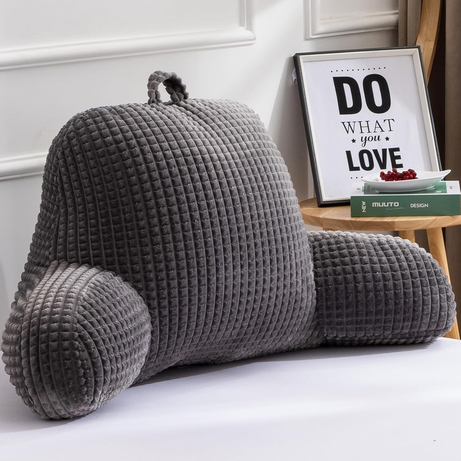 Reading Pillow Bed Wedge Large Adult Children Backrest with Arms Back Support for Sitting Up in Bed/Couch for Lounging Bedrest,Waffle Stereoscopic Design,Darkgrey