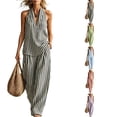 thumbnail image 2 of Women's Summer 2 Piece Pant Set Cotton Striped Halter Vest Top Wide Leg Straight Trousers Casual Vacation Outfits,Black L, 2 of 8