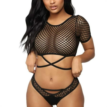 

Arvbitana Women s Sexy Lingerie Set Cutout Crop Top + Hollow Out Underpants + Long Stockings