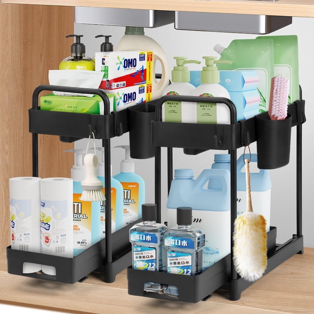 Paquete de 2 organizadores debajo del fregadero, organizadores de cocina extraíbles de 2 niveles y organizador multiusos para estante debajo del fregadero para gabinete de cocina y ba&n