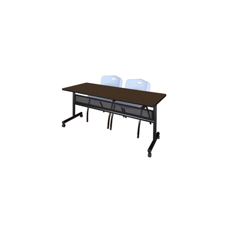 Regency Kobe 72 x 24 in. Flip-Top Privacy Nesting Table- Neo Walnut 2 M Stack Chairs- Grey