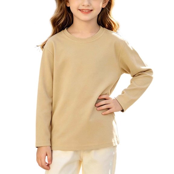 Maean Girls Cotton Tops Long Sleeve Shirt Solid Color Crew Neck Top Casual Basic Fall Tshirts 1-11 Years
