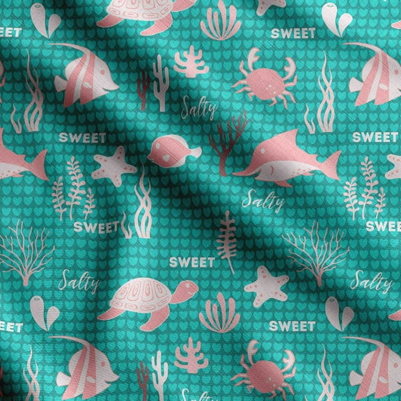 Soimoi Sea Shell Print, Silk Fabric, Decor Sewing Fabric by The Yard 42 Inch Wide,Decorative Fabric for Shirts Suits Ties, Teal Green