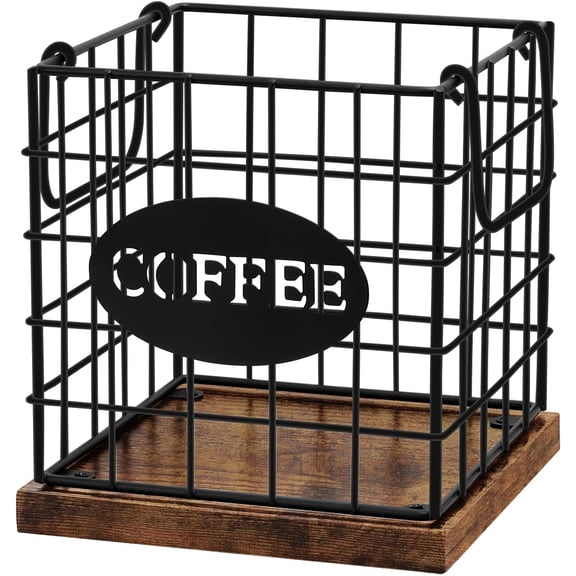 Coffee Pod Holder Organizer, Large Capacity K Cup Organizer | Storage Basket for Kitchen Countertop Office Bar with Wooden Base & Handle Design (Rustic Brown-Square)