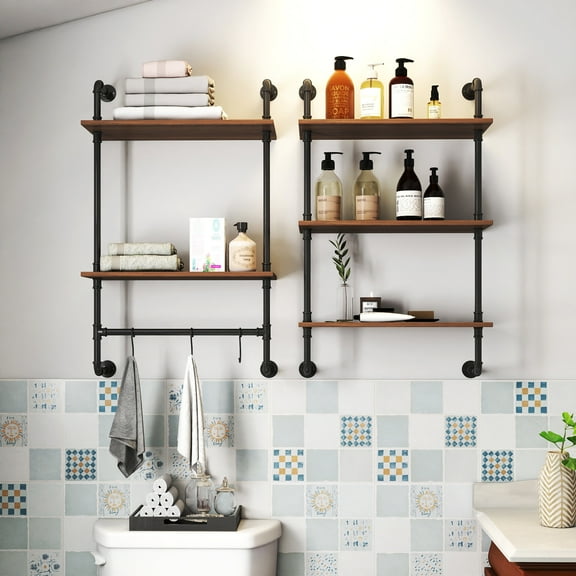 Display Shelves Industrial Pipe Shelf 3 Tier and 2 Tier Wall Mounted Shelves 36in Wood Display Shelves, and 3 additional hooks,Farmhouse Kitchen Bar Shelf, DIY Bookshelf Unit Hanging Wall Shelves fo