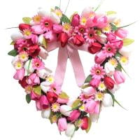 Tempus 20 in Artificial Valentine Wreaths for Front Door Heart-Shaped Tulip Pink Daisy