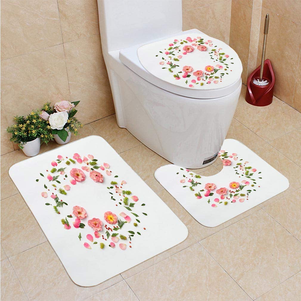 GOHAO Flat Nature Floral Round Frame 3 Piece Bathroom Rugs Set Bath Rug