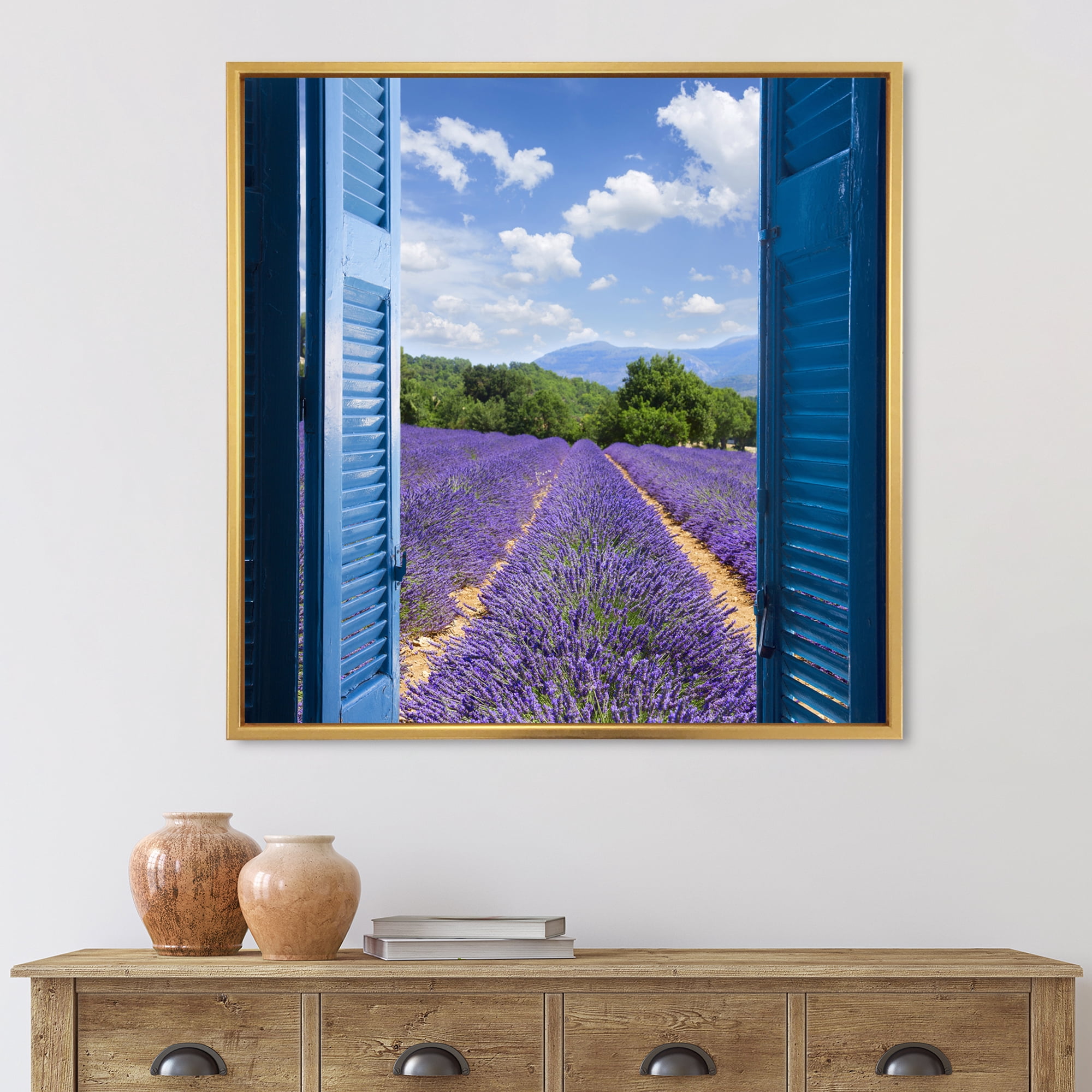 Designart 'View of Lavender Field Through Blue Open Cottage Window' Farmhouse Framed Canvas Wall Art Print