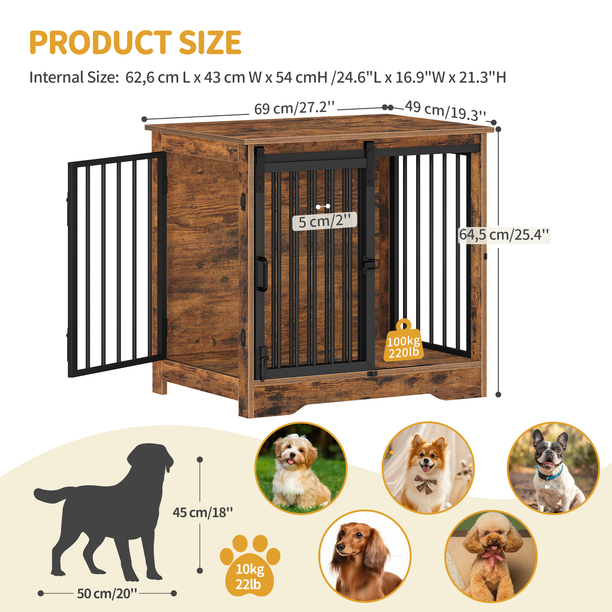 27.2" Dog Crate Furniture with Barn Door, Heavy Duty Wooden Kennel for Small Dogs up to 22 lb, Rustic Brown