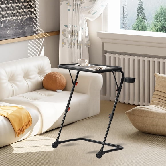 HOMYLIN Bandeja de TV Plegable, Mesa Refrigerios con Portavasos Integrado, Altura Ajustable para Sofá/Cama/Oficina - Compacta y Moderna (Negro)