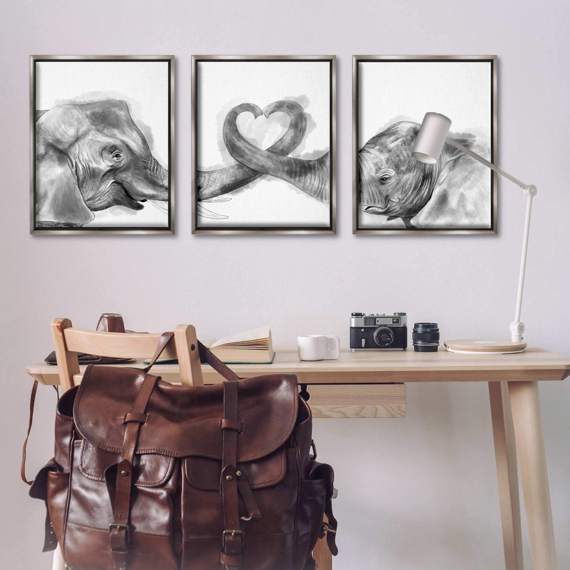 Stupell Industries Elephant Trunk Heart Shape Animals & Insects Painting Gray Floater Framed Canvas Art Print Wall Art, 25 x 31, Set of 3