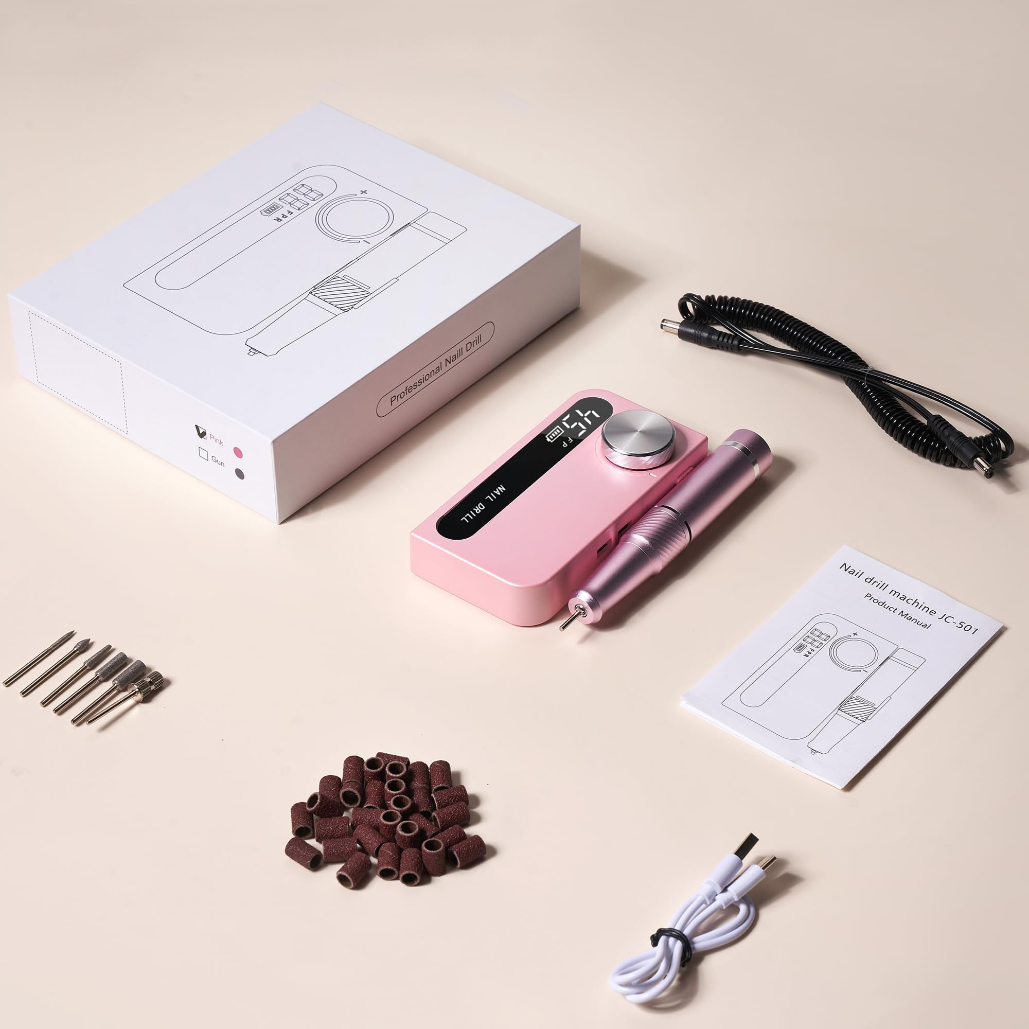 Professional Electric Nail Drill File,Cordless Portable Nail Drill 45000 RPM, Rechargeable Nail Drill Machine for Acrylic Nails Gel Polishing,Nail Kit for Manicure Salon Home(Pink)