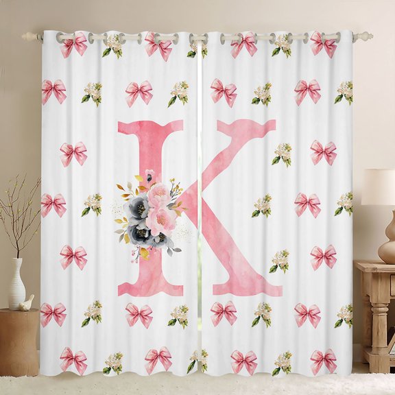 Homewish Girl Personalized Gifts Blackout Curtains Set of 2 (52x84 Each),Pink Latter K Window Curtains,Kawaii Bowtie Flower Curtains and Drapes For Kids Teens,Lightweight Room Decoration