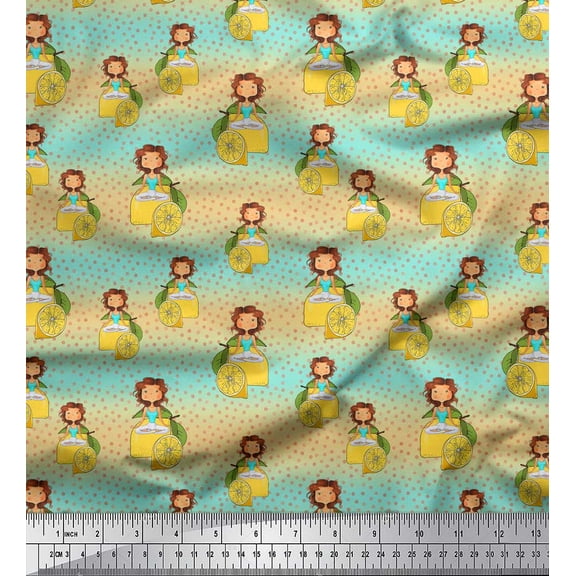 Soimoi Green Cotton Voile Fabric Dot,Lemon Slice & Yoga Girl Human Figure Print Sewing Fabric Yard 42 Inch Wide