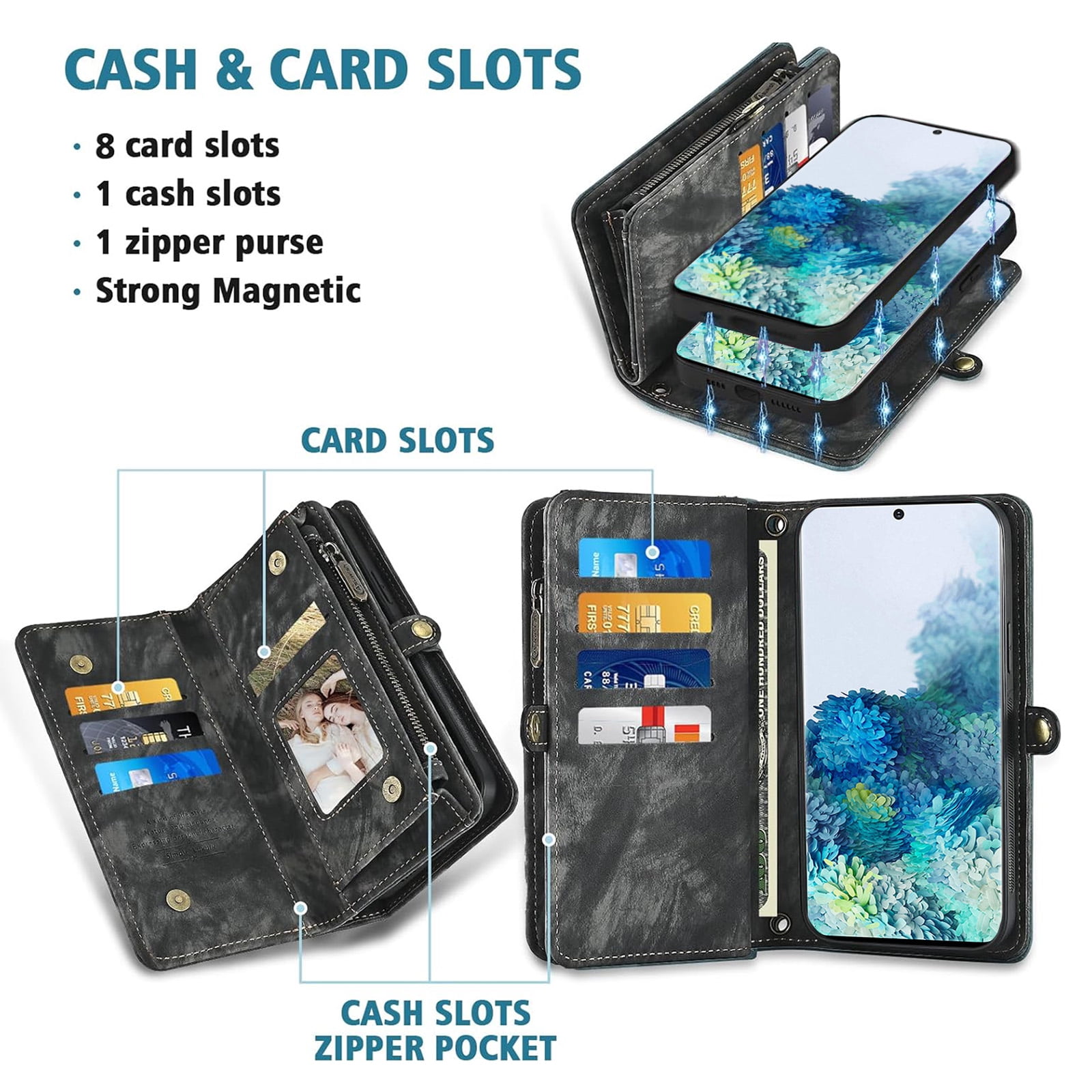 Asuwish Phone Case for Samsung Galaxy S20 5G 6.2 inch Zipper Wallet Detachable Cell Cover with Tempered Glass Screen Protector Crossbody Lanyard Strap Flip Card Holder S 20 20S UW S2O G5 Women Black