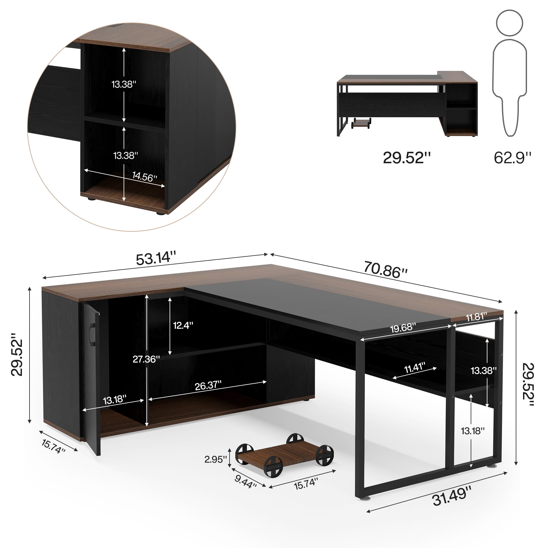 71-Inch L-Shaped Executive Desk, Large Office Desk with Shelves and Cabinet, Brown and Black