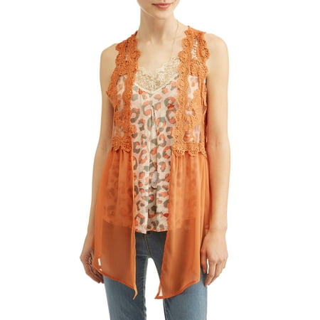 Juniors' Lace Vest, Printed Cami, & Necklace 3Fer