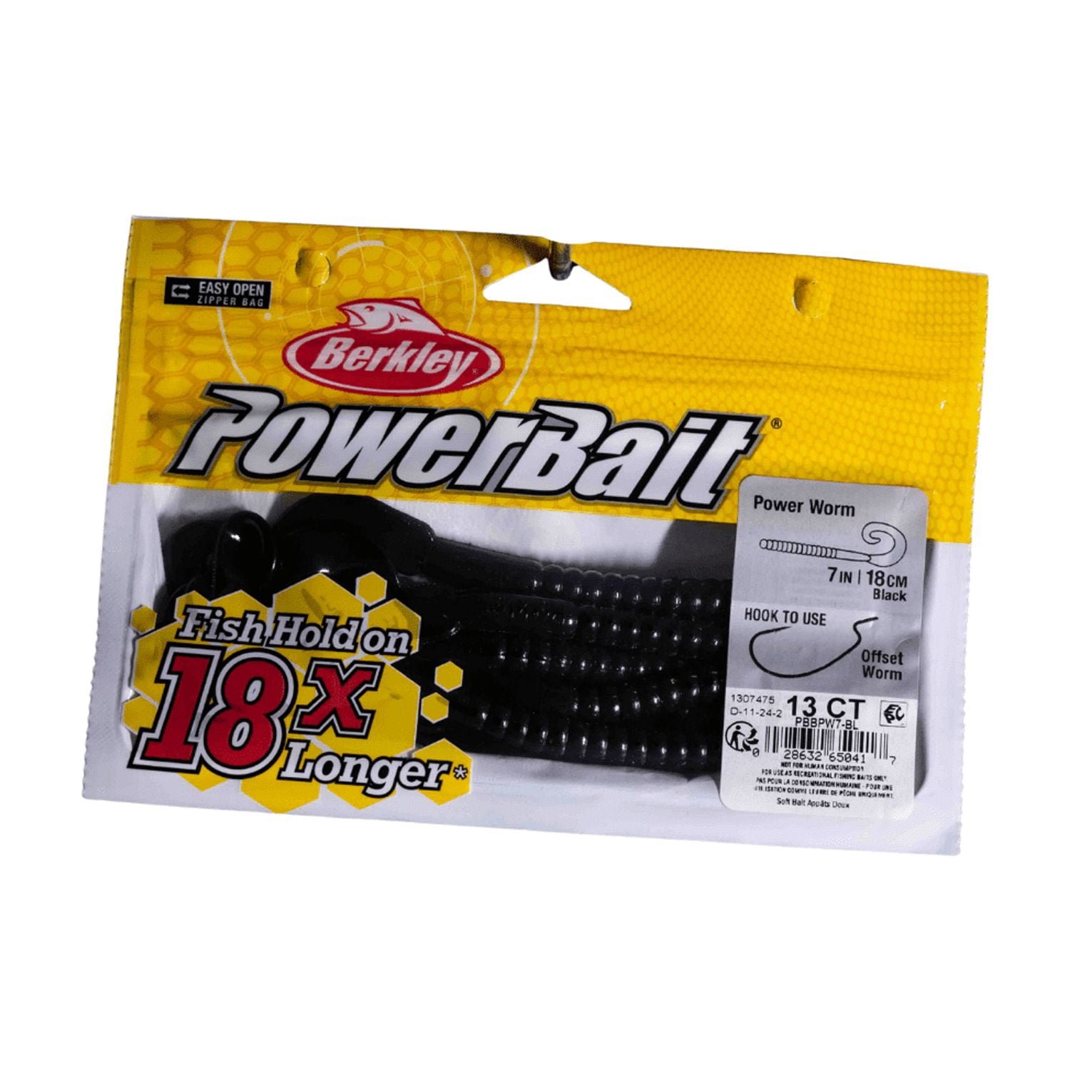 (2 pack) Berkley PowerBait® Power Worm Fishing Bait, Black, 7in