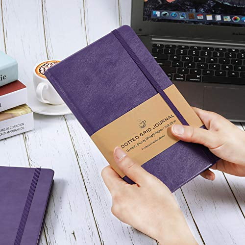 Purple Smooth Faux Leather Dot Grid Hard Cover Notebook 5×8.25 Dotted Grid Notebook/Journal Premium Thick Paper with Fine Inner Pocket 