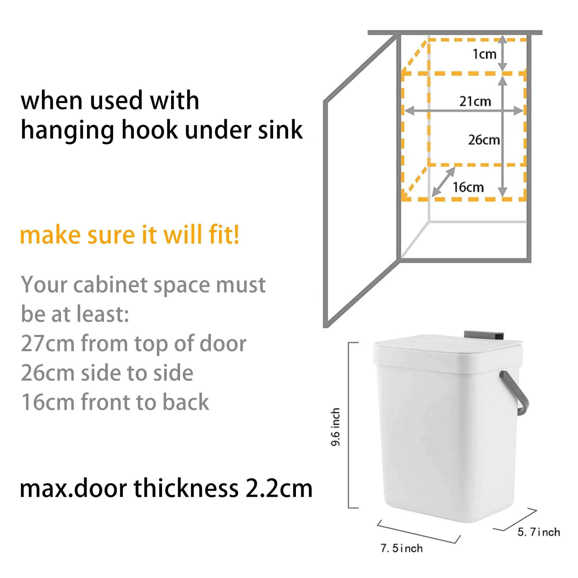 Stonespace Under Sink Trash Can,Kitchen Compost Bin, Diaper Pail, 3.2 Gallon/12L Hanging Garbage Can for Baby Crib/Bathroom/Cupboard, Plastic Food Waste Bin,1 Pack Black