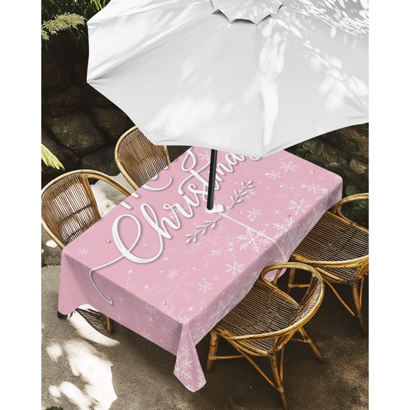 Outdoor Tablecloth with Umbrella Hole, Merry Christmas Pink Theme Zippered Table Cloth for Rectangle Tables, Winter Snowflake Washable Waterproof Tablecloths for Picnic Patio Garden