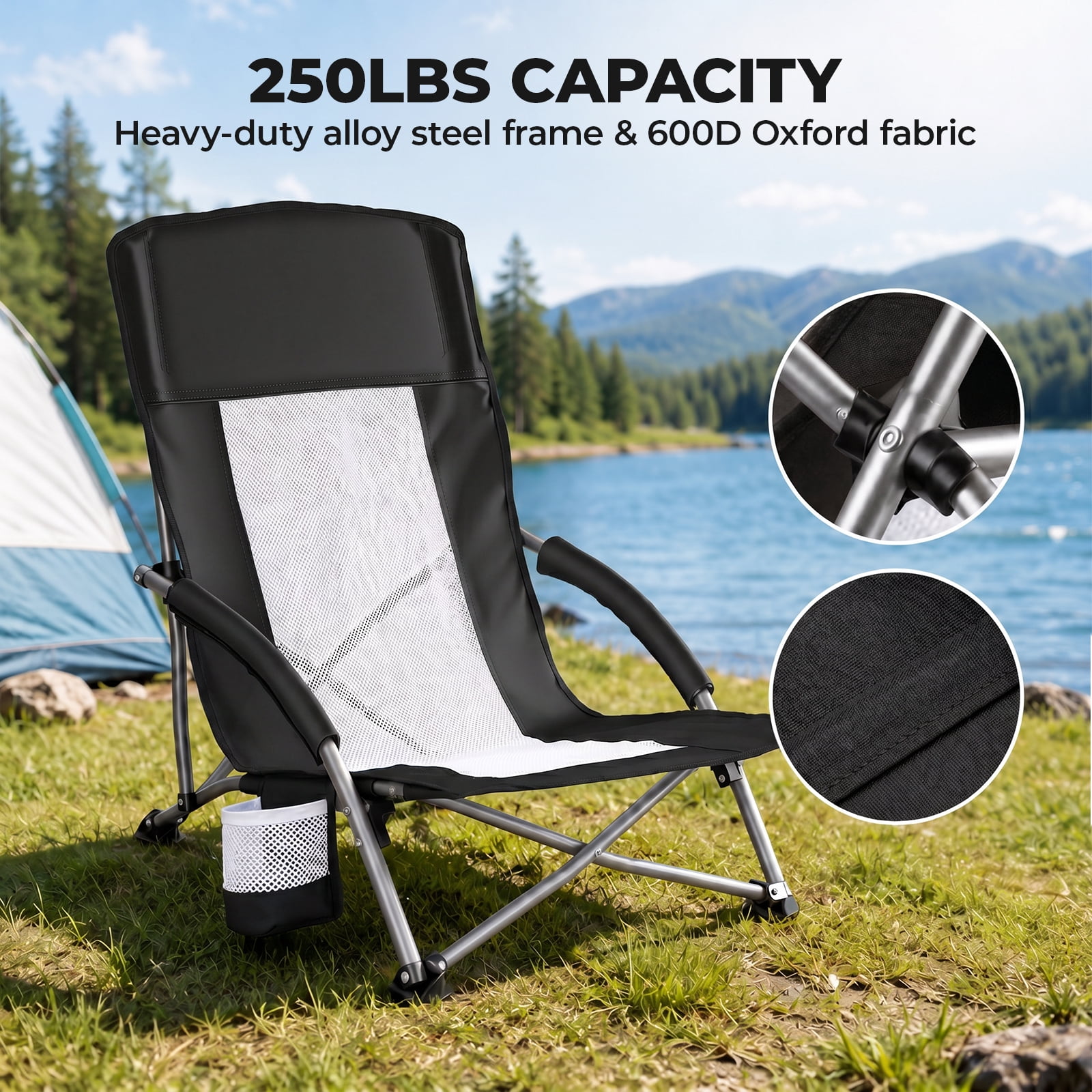 Alvantor Camping Chair - Folding Outdoor Chair with Mesh Back, Cup Holder, Heavy Duty 250 LBS, Portable with Carry Bag for Beach Picnic