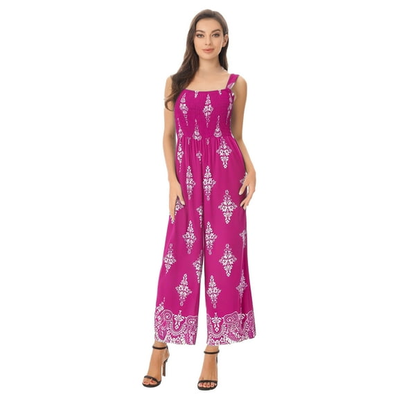 TSSOE Women Loose Fit Sleeveless Jumpsuits Summer Overalls Flower Printed Boho Rompers Wide Leg Hot Pink L