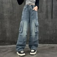 thumbnail image 4 of Gubotare Kids Jeans for Girls Girls Jeans Baggy Denim Jeans Wide Leg Vintage Distressed Pants Cargo Jeans Multi Pockets Y2K Streetwear,Blue,15-16 Years, 4 of 5