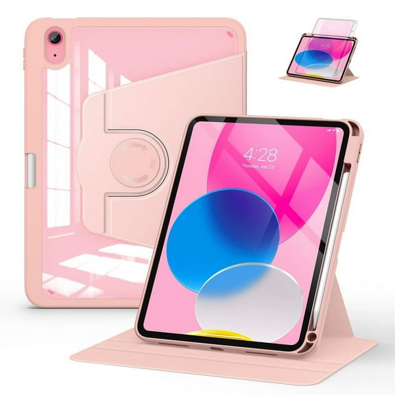 Soke Rotating Case for iPad 10th Generation 10.9-Inch 2022 with Pencil Holder - 360 Degree Rotate Stand Protective Case with Clear Back & Smart Sleep/Wake Cover - Rose Gold