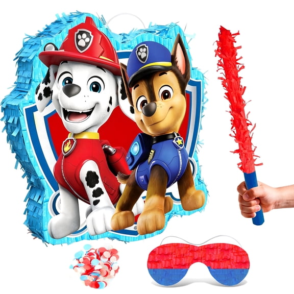 4 Pcs Paw Patrol Pinatas Bundle - Paw Patrol Theme Piñata,Paw Patrol Party Pinata Stick & Paw Patrol Party Games Blindfold etc Paw Patrol Pinata Supplies for Paw Patrol Birthday Party Decorations