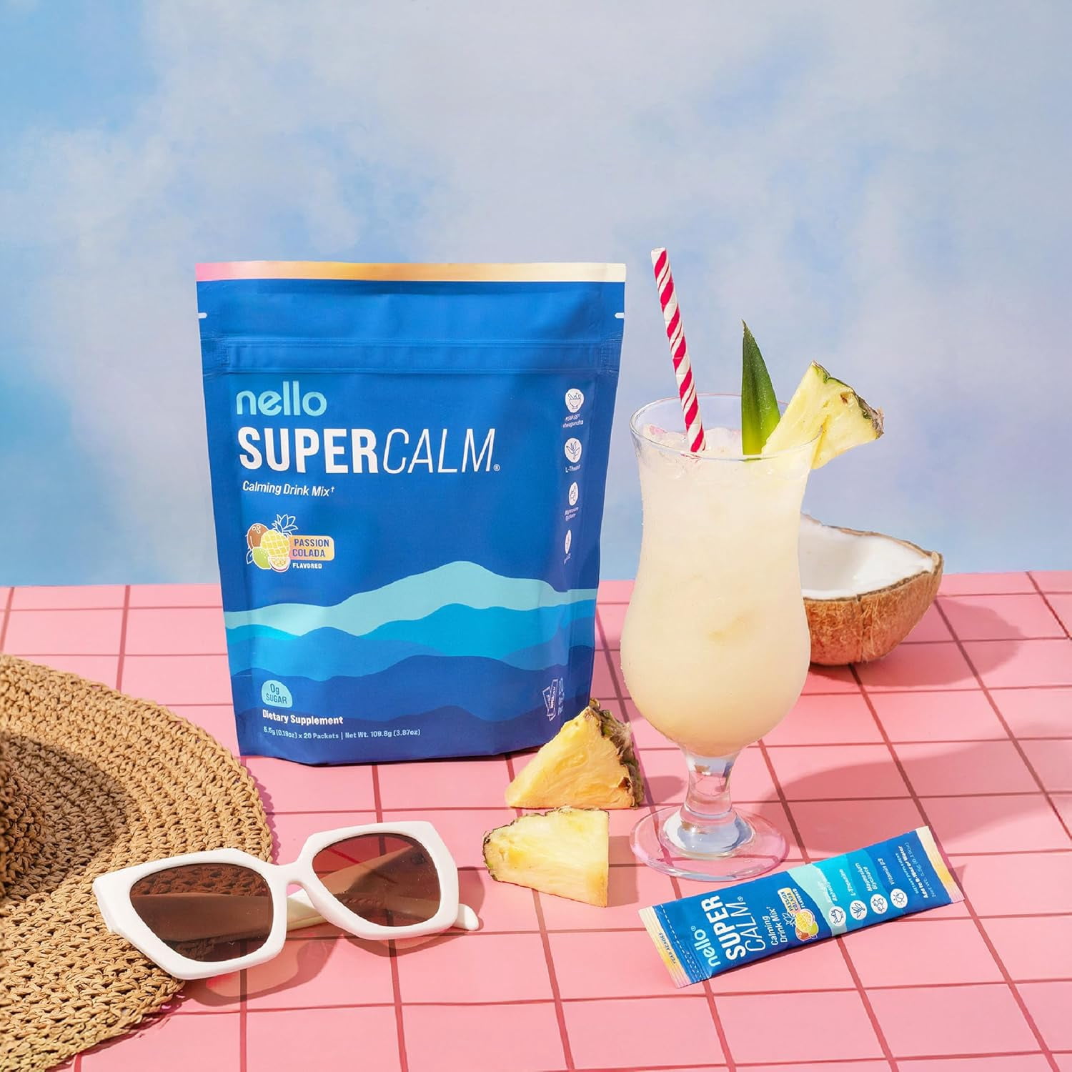 Nello Supercalm Drink Mix - Ashwagandha KSM 66, Magnesium Glycinate & L-Theanine Supplement - Ashwagandha Root Extract - Focus and Relaxation Support (20 Travel Packets) - Passion Colada