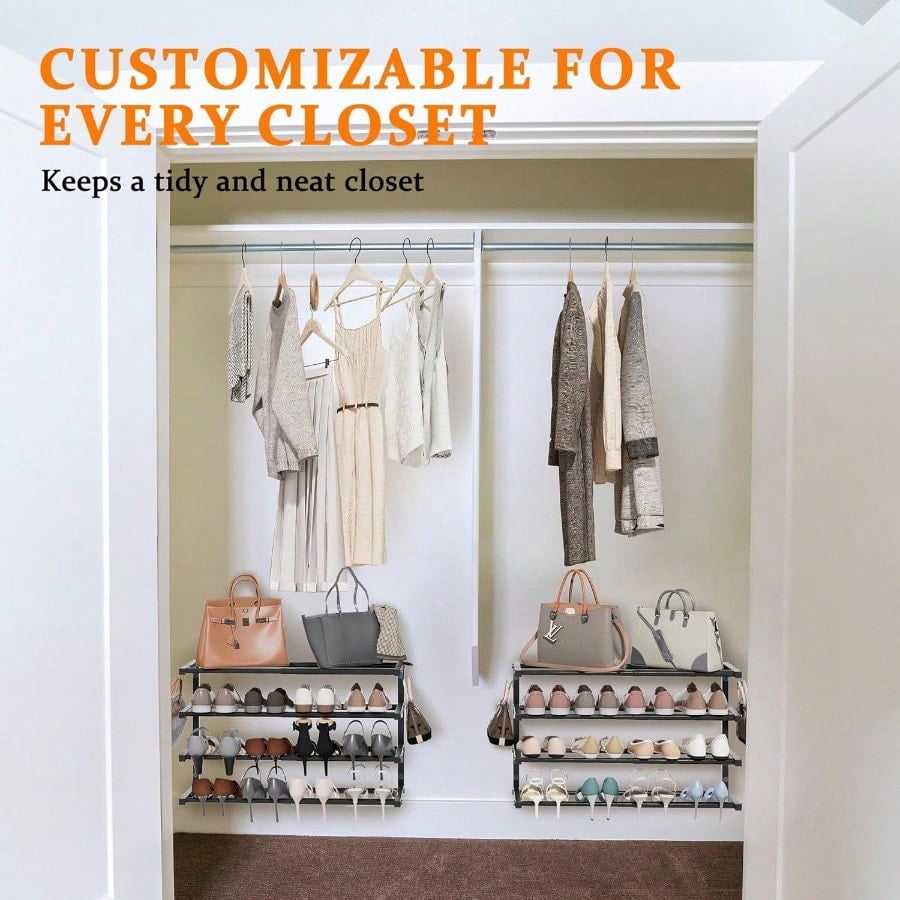 2 Pack Wall Mounted Shoe Rack 4 Tier Hanging Shoe Rack Holds 32 Pairs 17-30Adjustable Heavy Duty Wall Shoe Shelf with 4 Storage Hooks Space Saving for Closet Entryway Black Patent Pending