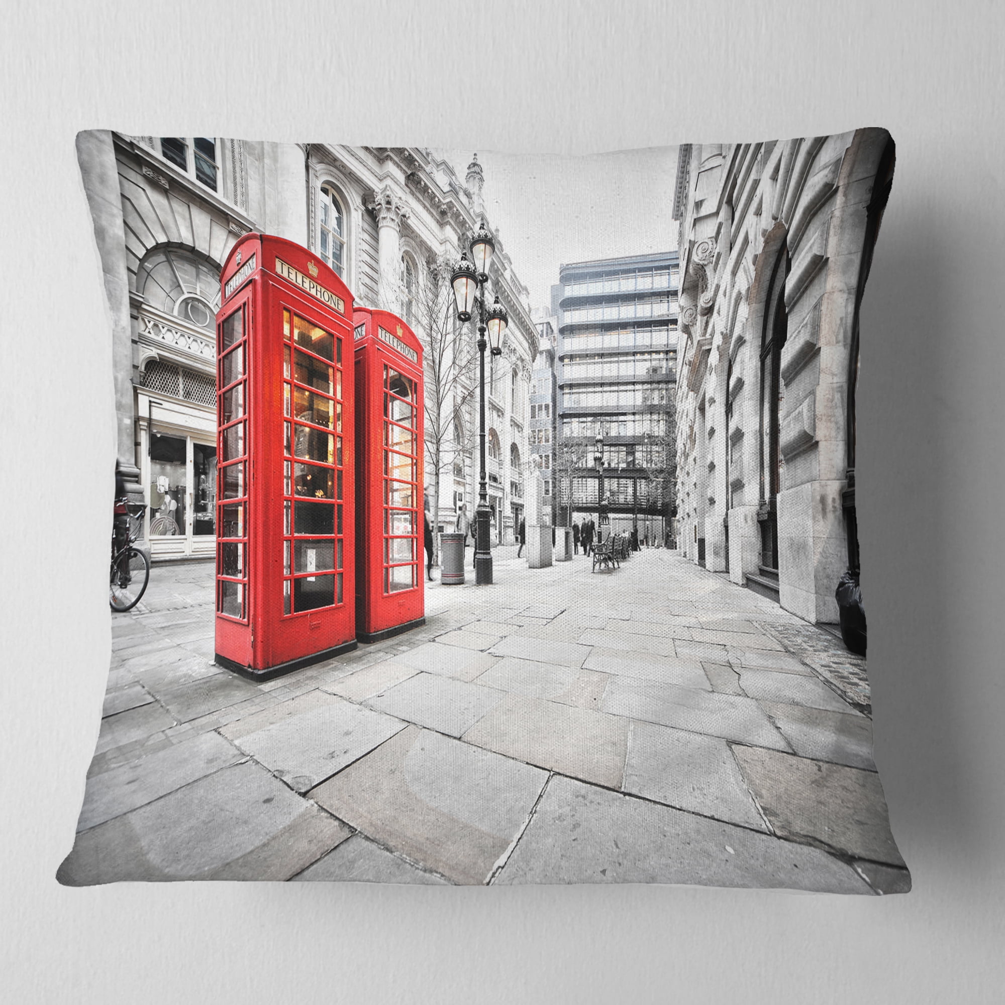 Designart Phone Booths on Street - Cityscape Throw Pillow - 18x18