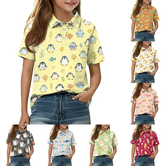 Grblisyd Girls Polo Shirt Cute Animal Print School Uniform Short Sleeve Button Closure Tops for Girls 10-12 Years