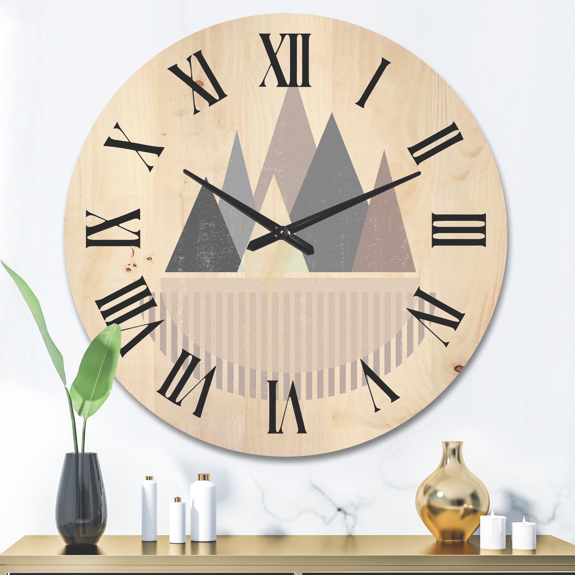 Designart 'Abstract Moon and Sun In Mountains III' Modern Wood Wall Clock