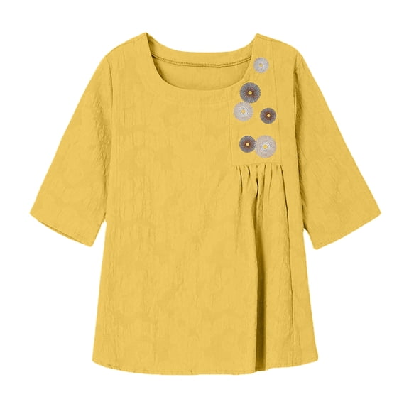 Womens Work Shirts Tops Embroidered Summer Short Sleeved Plus Size High End Ethnic Clothing Women Tees Blouses Yellow XL